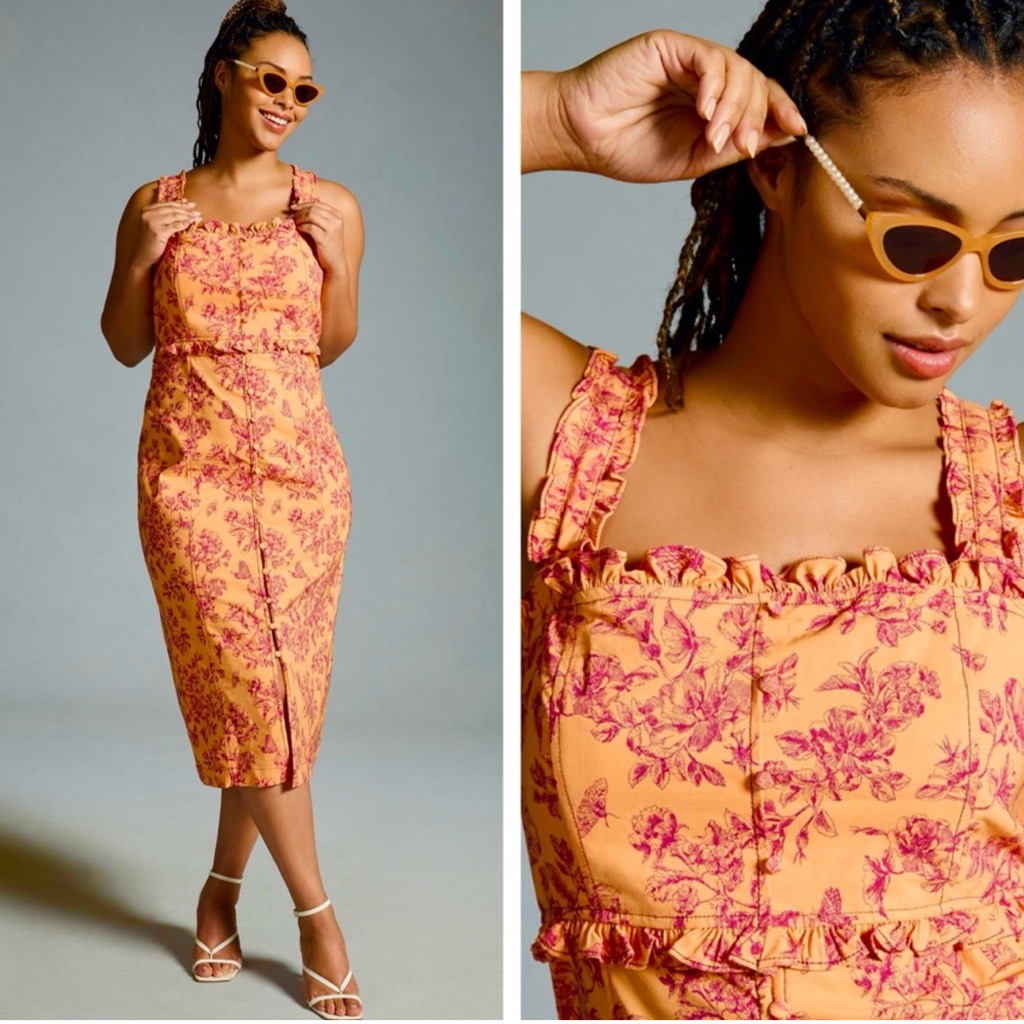 Anthropologie The Linden New Slim Square Neck Dress Size 1x New Orange Floral